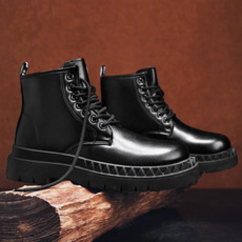 Short Boots High Top British Martin Boots Big Head Medium Top Leather Shoes Pure Black Locomotive