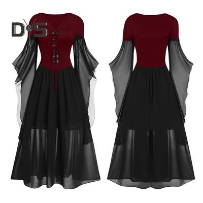 Damska sukienka cosplay w stylu gotyckim czarownica kostium na Halloween sznurowany pasek dekolt w szpic dopasowane kolory długie rękawy z rogami sukienka o linii A