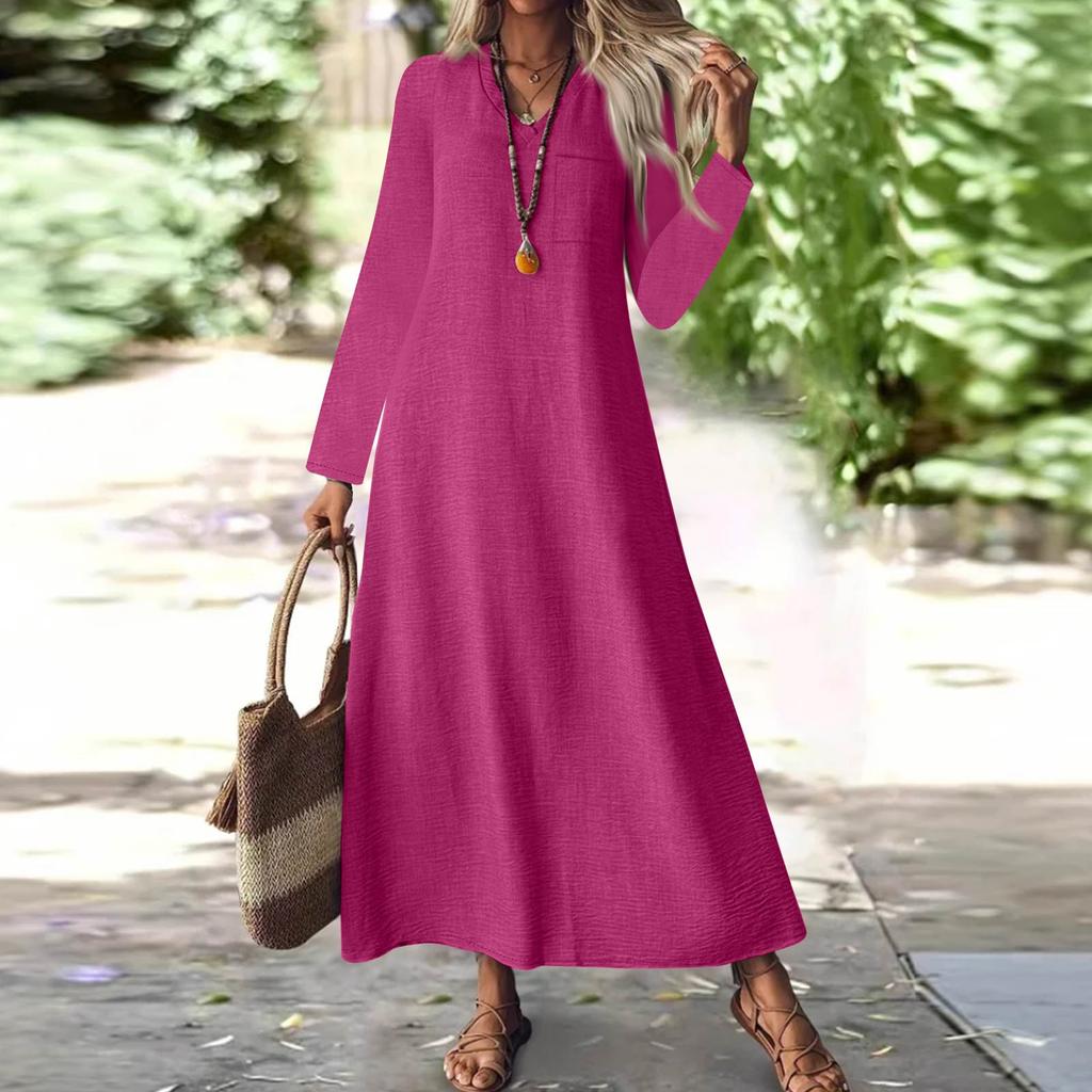 Women's Fashion V-Neck Long Sleeve Pocket Solid Color Zipper Casual Vacation Long Cotton Linen Dresses