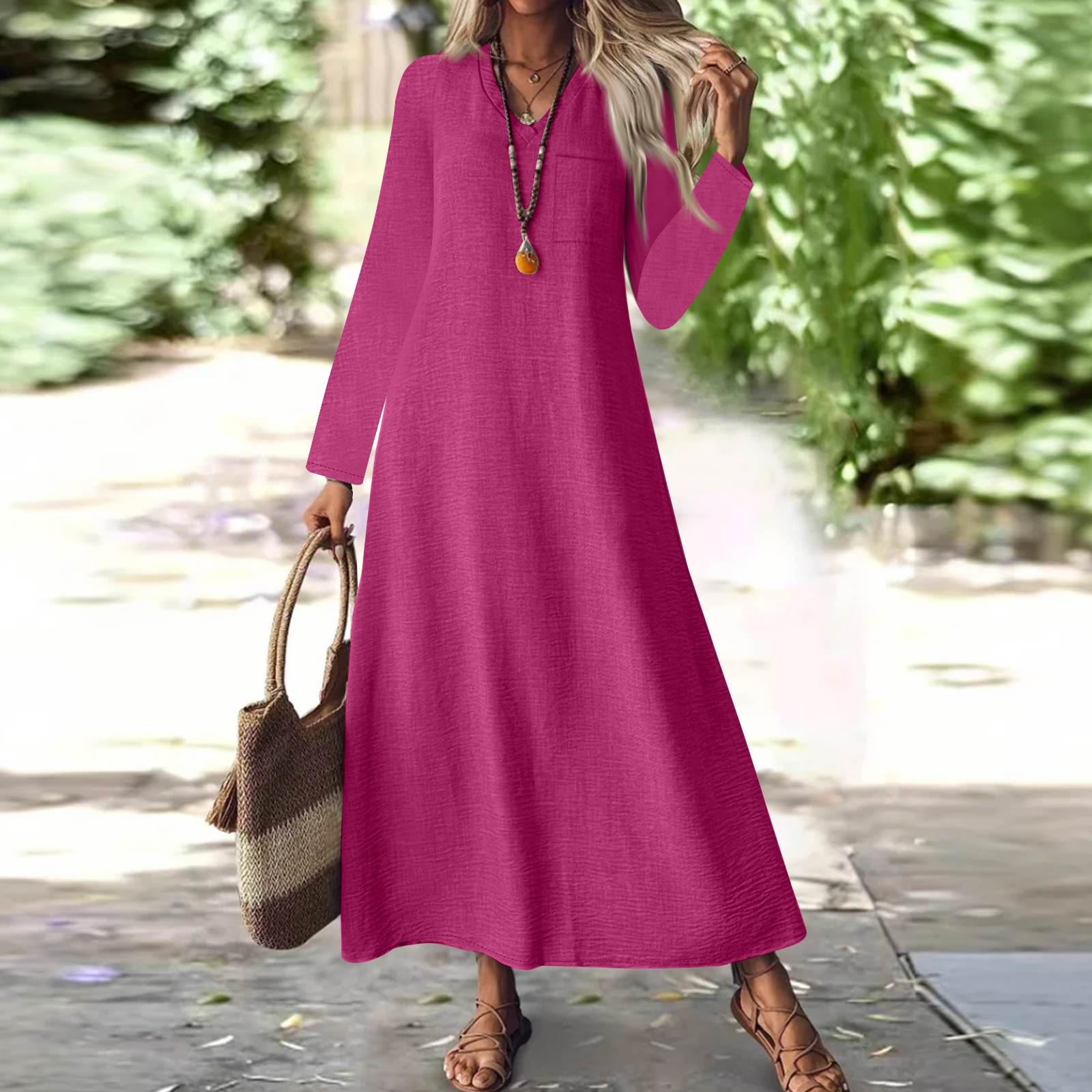 

Женская мода V-образный вырез длинный рукав карман однотонный молния повседневный отпуск длинные хлопково-льняные платья XL