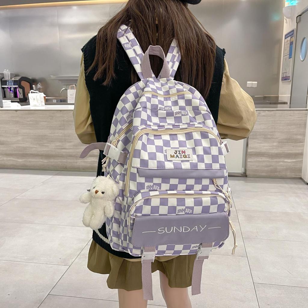 Girls' Korean Checkerboard Colorblock Lightweight Casual Backpack - Large Capacity for Middle & High School Students