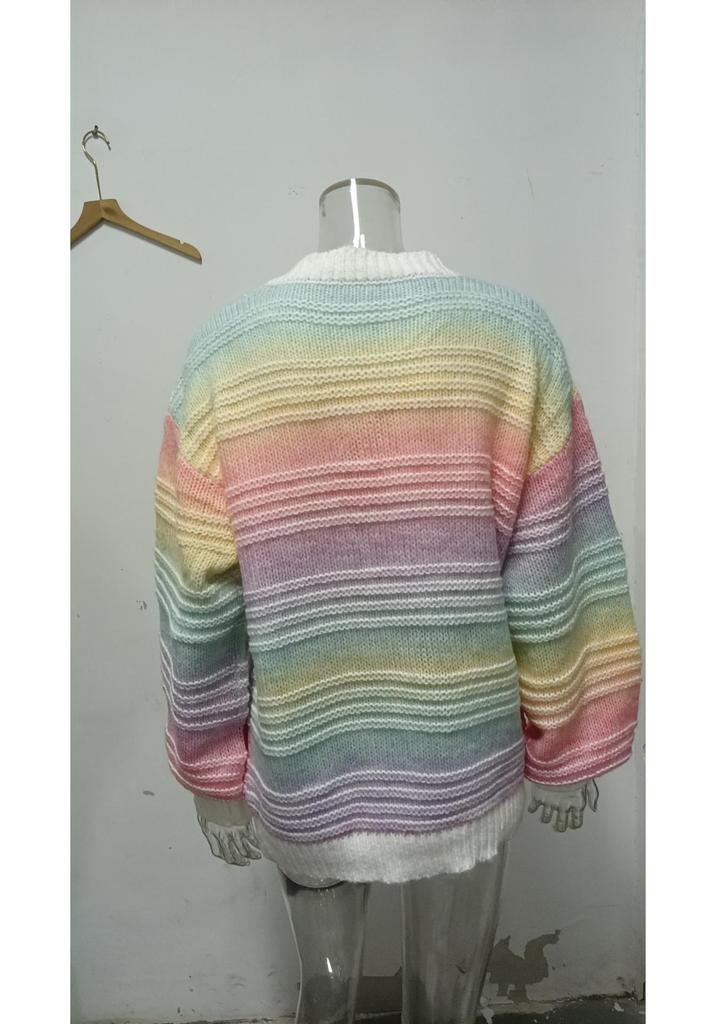 Women's Plus Size Rainbow Stripe Sweater - Round Neck, Long Sleeve Knitwear for Autumn/Winter