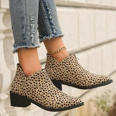 Autumn/Winter New Trade Women's Single Boot Large Leopard Print Front Zipper Square Heel Short Boots Zapatillas Muje Plus Size42