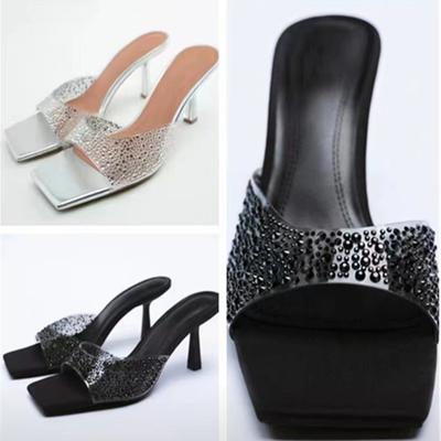 Fashionable Large Size High-heeled Slippers for Women Summer New Solid Color Square Toe Rhinestone One-line Stiletto Slippers
