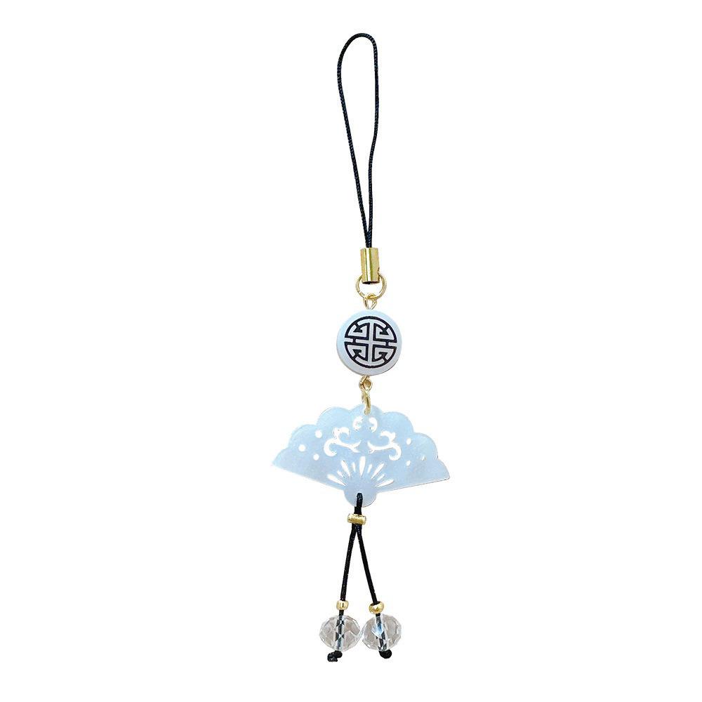 Four-Leaf Clover White Shell Fan Charm: Ancient-Style Phone Chain, Bag Pendant & Lanyard for Shoes, Clothing, and Phone Cases
