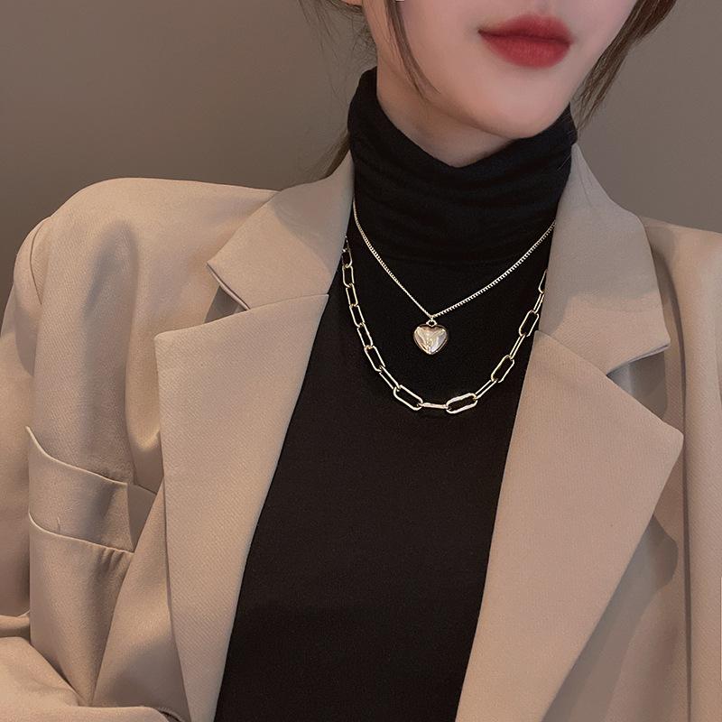 European and American double-layered wearing golden love necklace female cold wind exaggerated personality sweater chain Internet celebrities