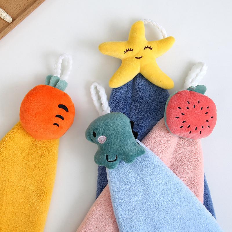 Cute and Fun Hanging Coral Fleece Baby Hand Towel Children's Water-absorbing and Quick-drying Cartoon Square Towel