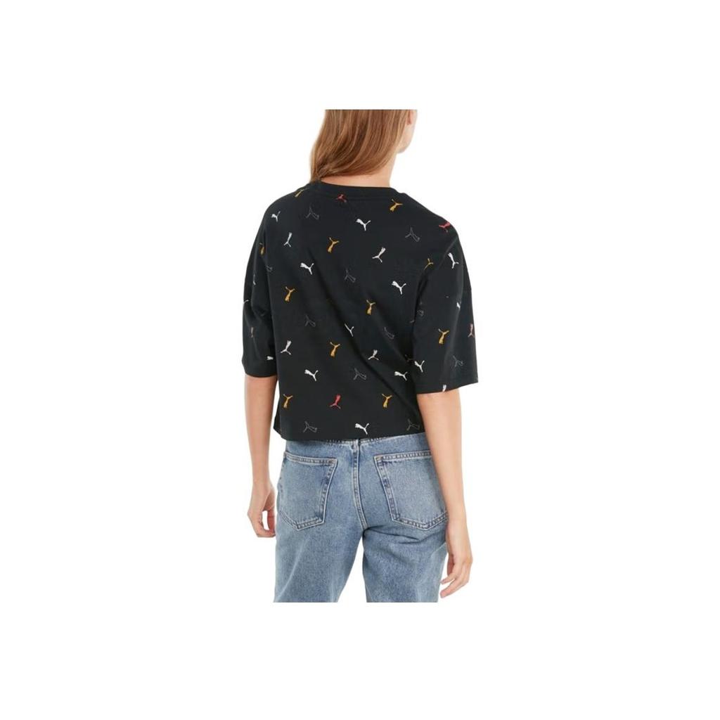Puma Casual Sports Logo All-Over Print Round Neck Short Sleeve T-Shirt Women Tops Black 533152-01