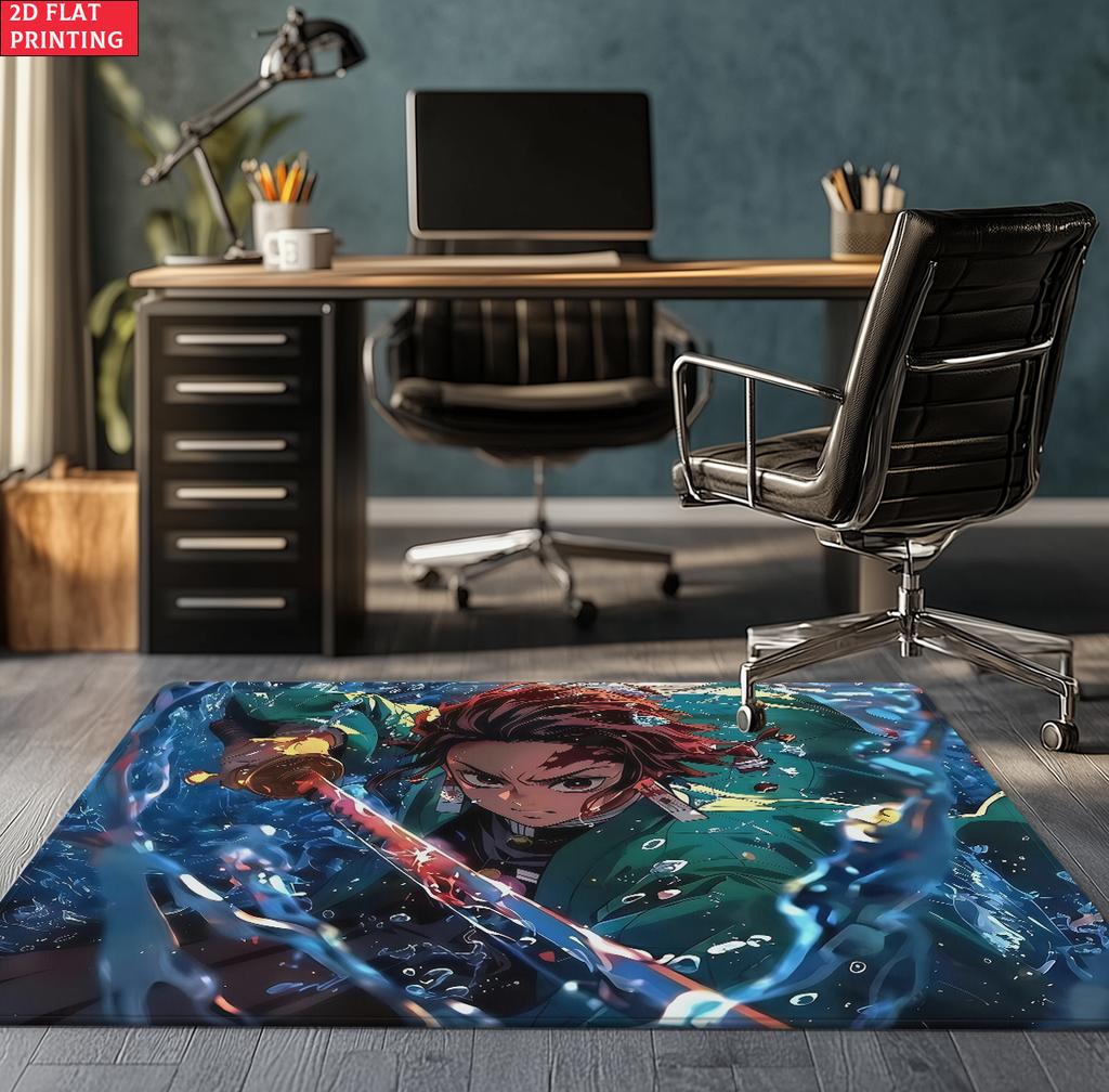 Anime Swordsman Area Rug, Blue Water Wave Theme  Floor Mat, Decorative Carpet for Gaming Room Bedroom, Washable Home Decor Gift