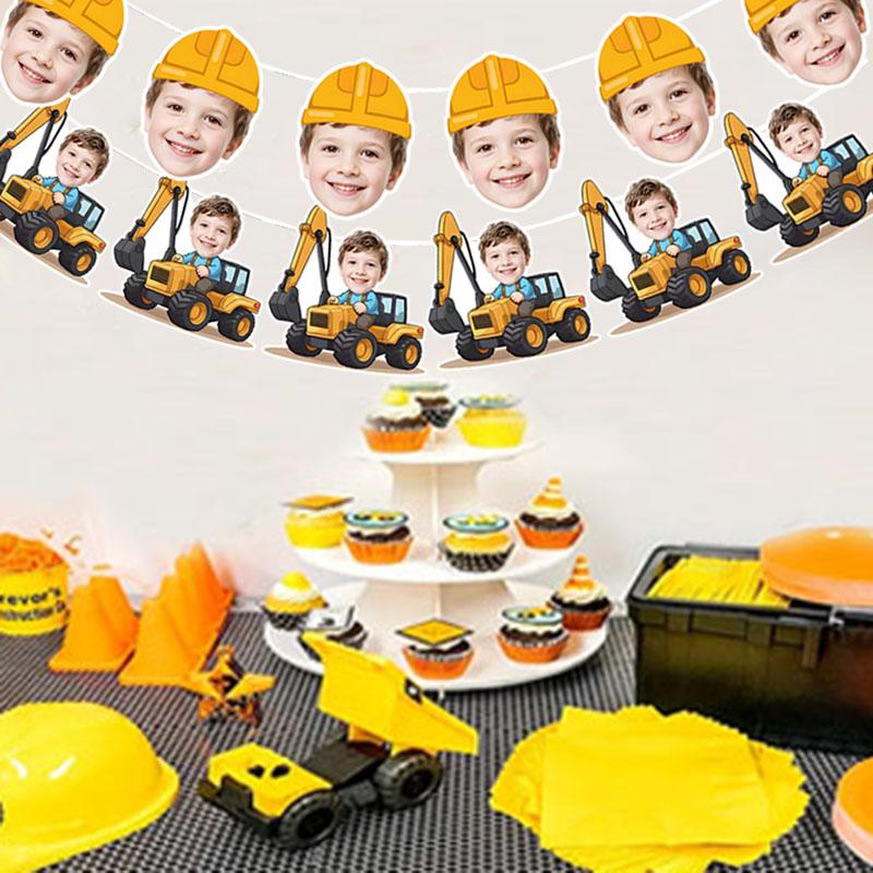 6Pcs/12pcs Birthday Customizable Portrait Digger Tractor Hard hat Pattern Banner Children Birthday Parties Cute Banner Decor