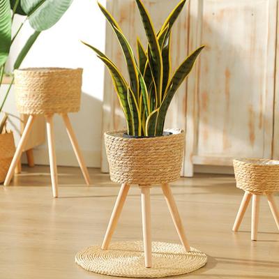 New Wood Woven Plant Pot On Standing Legs Household Planter Pot Basket Wood Flower Basket For Indoor Plants Wood Flower Pots