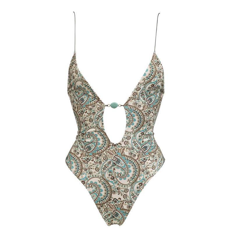 New Sexy Retro Prints One Piece Bikini Swimsuit Deep-V Lace-up Women Bikini Set Swimwear Bathing Suit