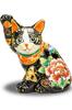 Kutani Ware Maneki-neko Figurine, Right-Handed, Sitting Sideways, with Black Flowers and Butterflies, Feng Shui, Good Luck, Japanese Style, Interior