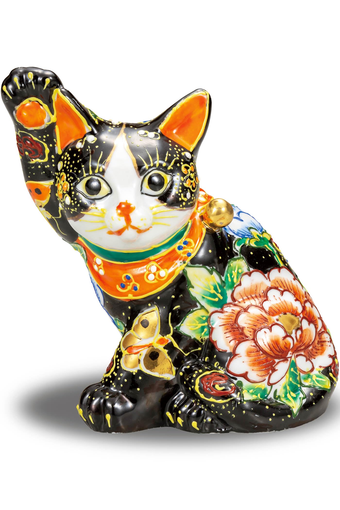 

Kutani Ware Maneki-neko Figurine, Right-Handed, Sitting Sideways, with Black Flowers and Butterflies, Feng Shui, Good Luck, Japanese Style, Interior