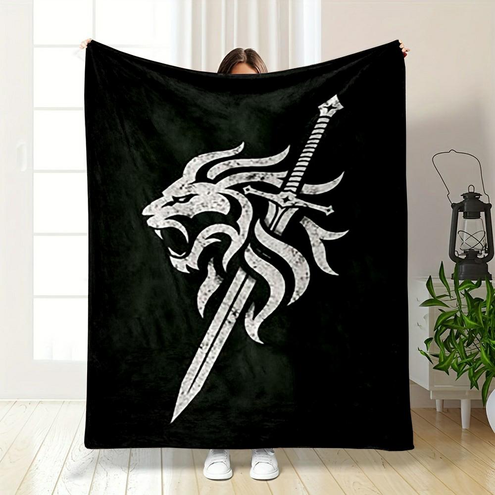 Lion Head with Sword Design printed Flannel blanket for bedroom, living room, sofa, and nap