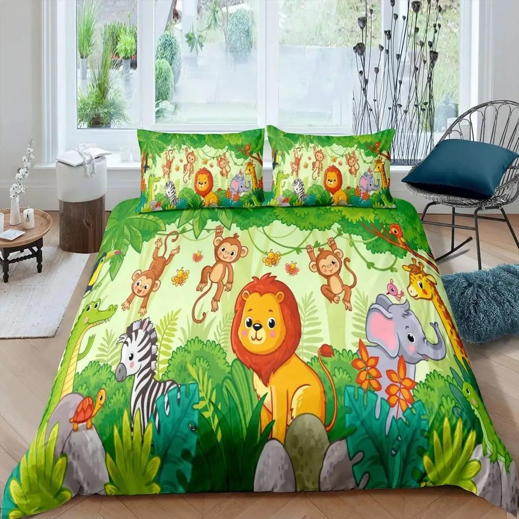 Cartoon Safari Animal Duvet Cover Set Giraffe Lemur Rhino Lion Bedding Set Elephant Camel Snake Hippo Zoo Jungle Comforter Cover