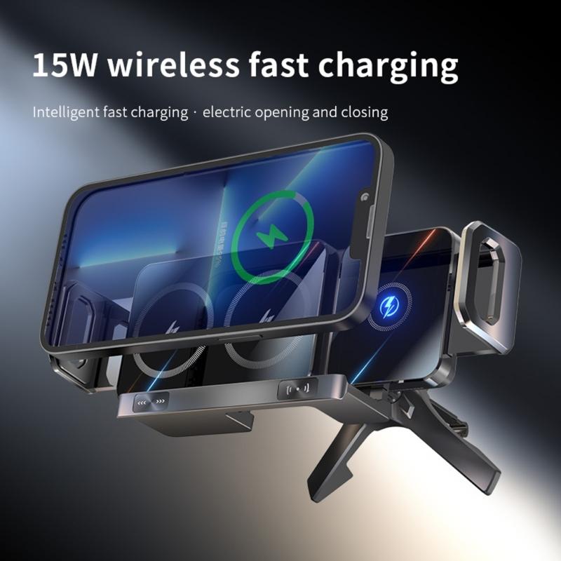 360 Rotation Magnetic Car Mount Wireless 15W Fast Charging Foldable Design Universal With Auto Clamping For Smartphones