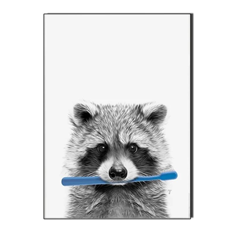 Raccoon Shark Giraffe Parrot Lion Brushing Teeth Canvas Painting Bathroom Wall Art Poster Toilet Decor Shower Room Decoration