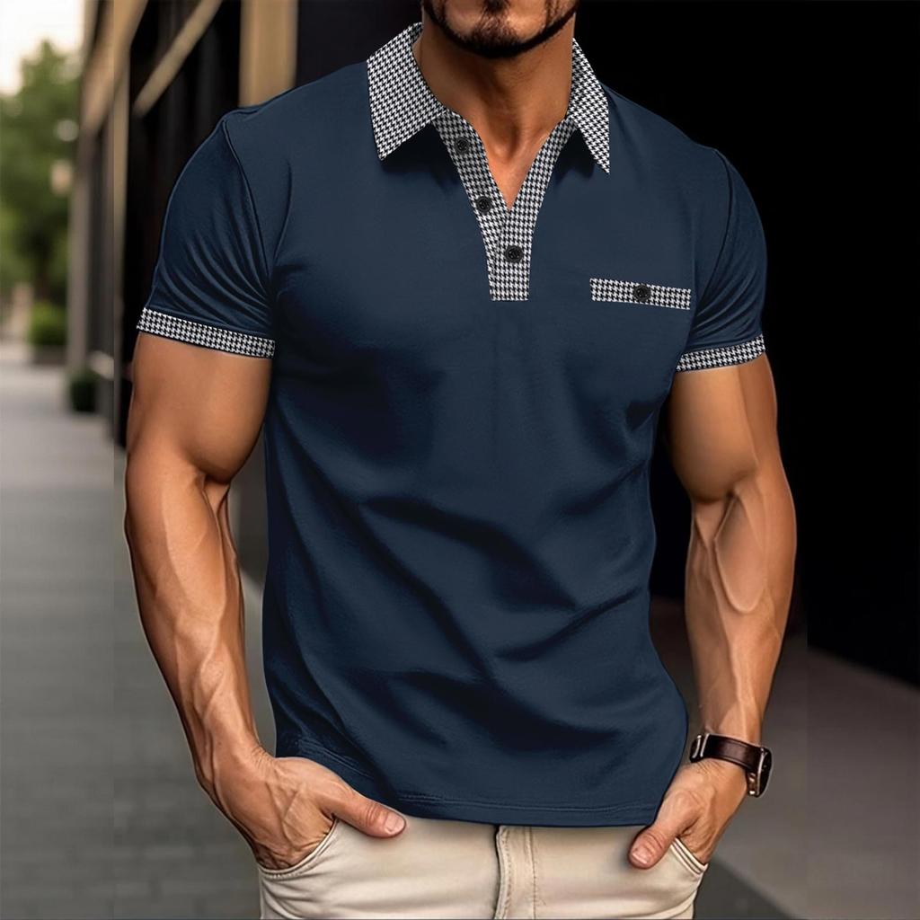 Polo Estiva da Uomo a Colore Unito Manica Corta Casual Traspirante Leggera Misto Cotone Top con Collo e Polsini a Quadretti