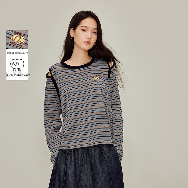INMAN Women s Off-Shoulder Striped Knit Top with Pumpkin Embroidery