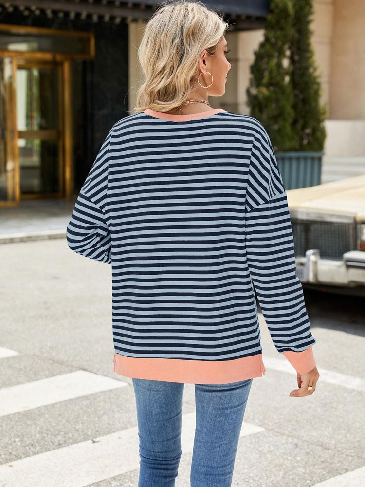 Elegant and Fashionable Autumn and Winter Comfortable Round Neck Striped Splicing Open Loose Long-sleeved Sweater Jacket Pullover Shirt Hoodies