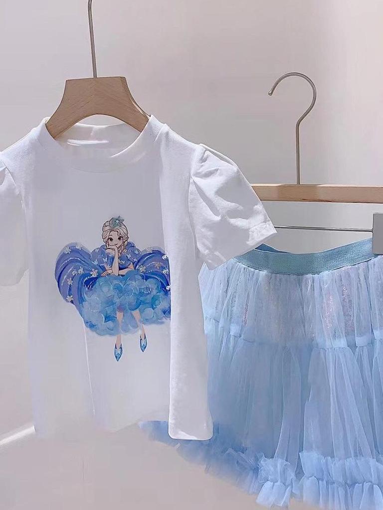 2024 Girls' Frozen Two-Piece Summer Suit: Short-Sleeve T-Shirt & Skirt