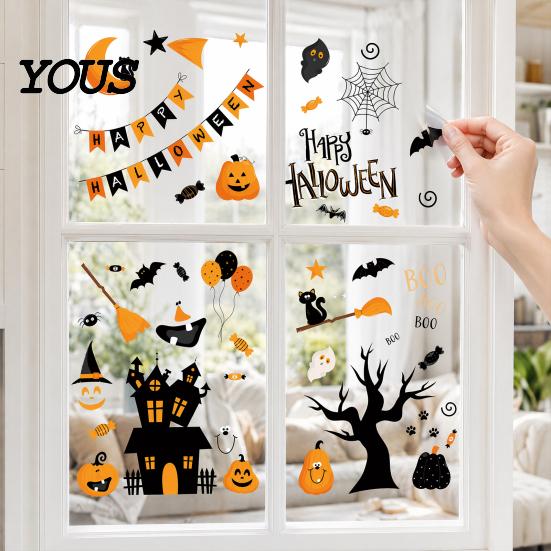 Halloween Bat And Castle Decals 4 Sheets Electrostatic Glass Stickers, Cartoon Pumpkins Bats Window Q-version Decorations PVC Waterproof Static Clings