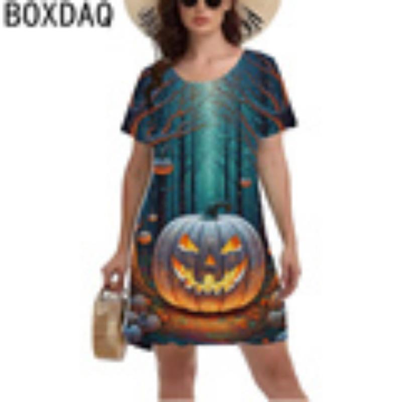 3D Vintage Osobnost Růže Lebka Tištěné Šaty Dámské Krátký Rukáv O-Výstřih Ležérní Šaty Dámské Halloweenská Párty Mini Šaty