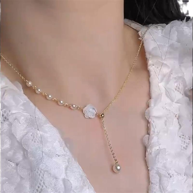 Natural pearl collarbone chain, silver silk shell camellia butterfly sliding necklace