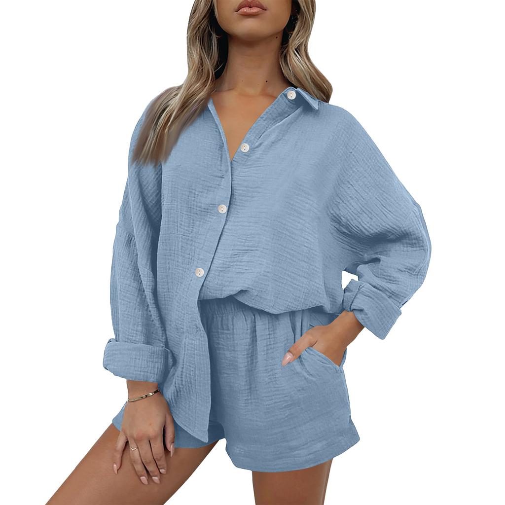 Women's Casual Color Long Sleeved Shorts Set, Crepe Home Set