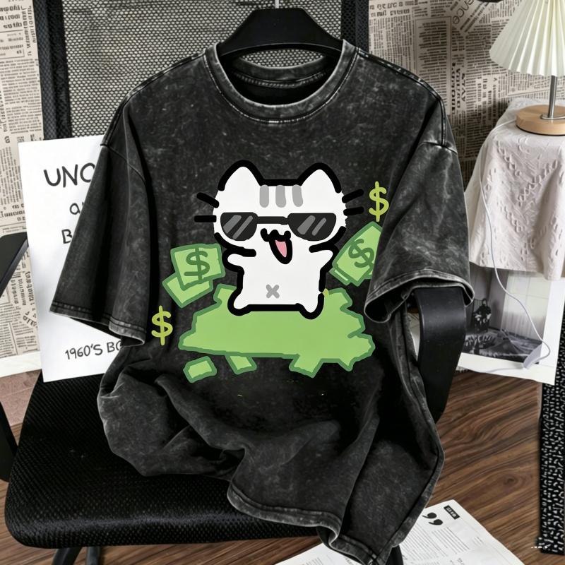 

Vintage Washed Black TShirt Funny Money Cat Beer Meme Graphic Tee Cute Cartoon Casual Oversized Streetwear for Men Women S