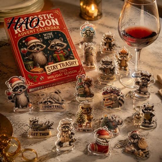 Holiday Countdown Gift Box Raccoon Advent Calendar, 24 Days 2D Acrylic Ornament Decorative Figures Collectible Cute Pendents for Home, Tree,