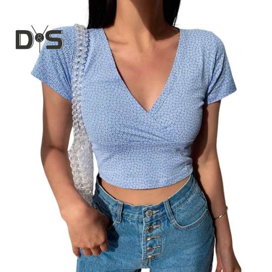 

Женский летний топ с V-образным вырезом и коротким рукавом, открытая талия, пуловер с мелким цветочным принтом, мягкая дышащая облегающая женская футболка в стиле ретро S