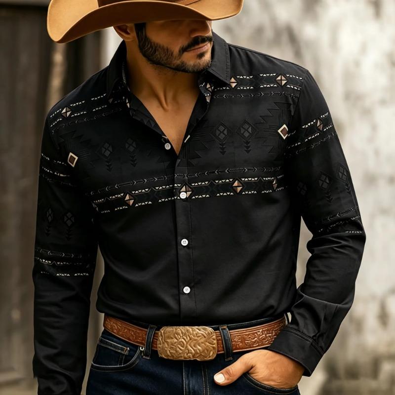 Retro Western Style Men's Long Sleeve Navajo Diamond-Shaped Tribal Print Outdoor Travel Loose Top