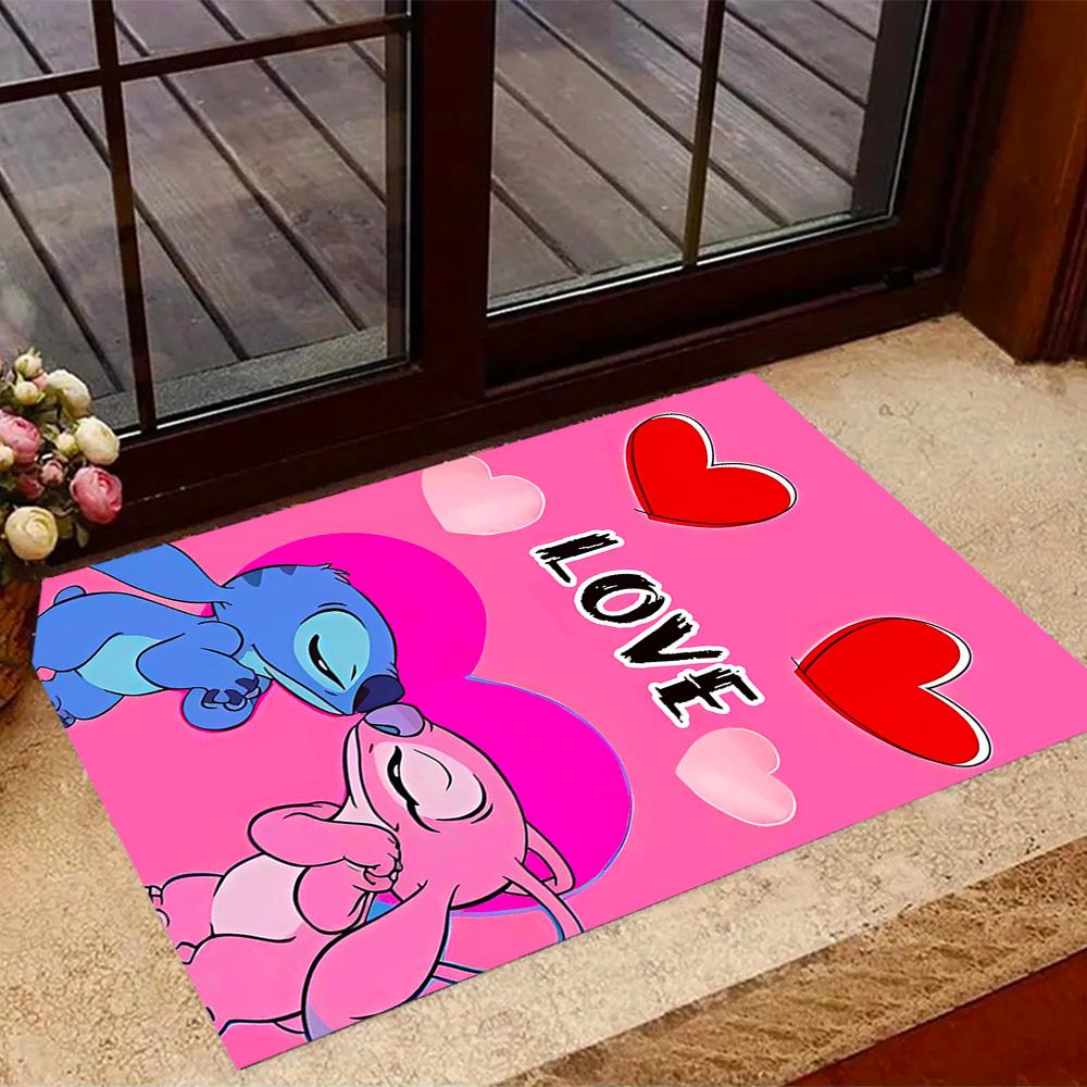 Stitch Adventure In Flowers Disney Cartoon Theme Anti-Slip Rug - Polyester, Home Decor, Suitable for Bedrooms, Living Rooms, Doorways, and Studios