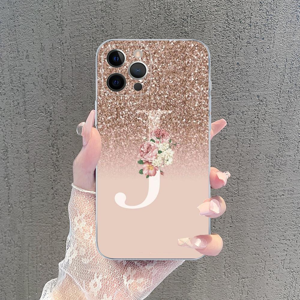 Letter Pink Shiny M R Clear Phone Case For IPhone 15 14 13 12 Mini 11 Pro XS Max X XR SE 6 7 8 Plus Soft Silicone Cover