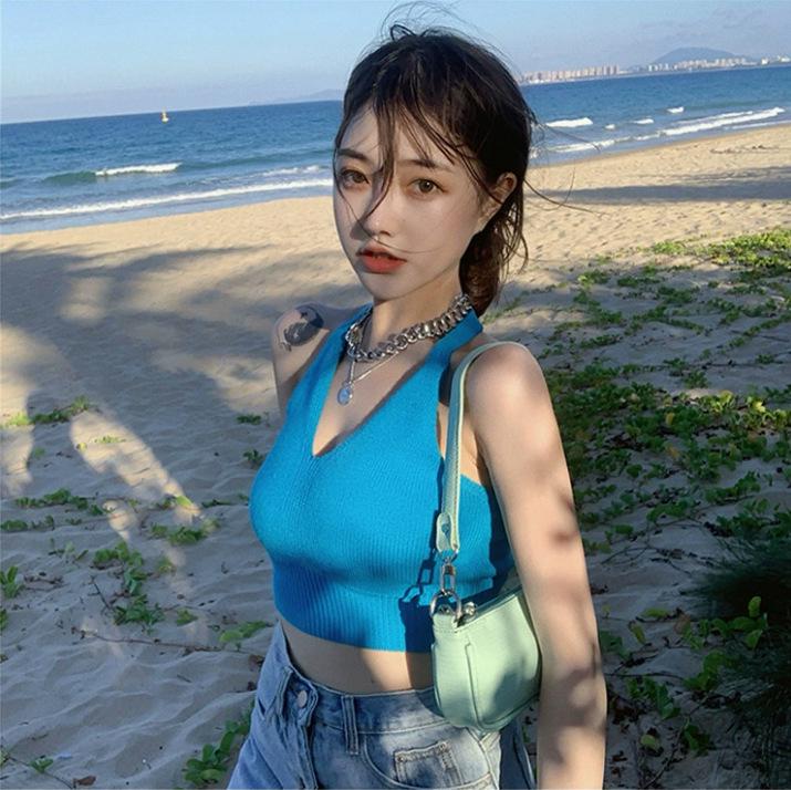 Women s Black Knit Halter Tank Top - Summer Spicy Girl Style Large синий