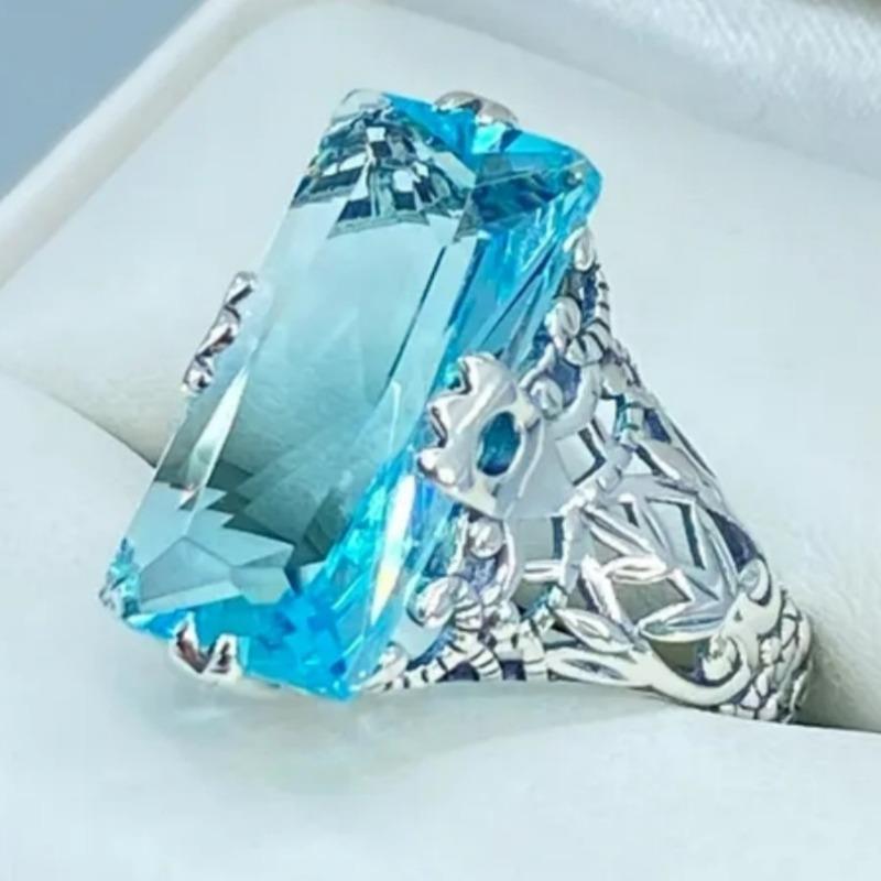 Dazzling Inlaid Sea Blue CZ Women's Ring Sparkling CopperColor Hand Carving Daily Wear Party Jewelry Anniversary Gift