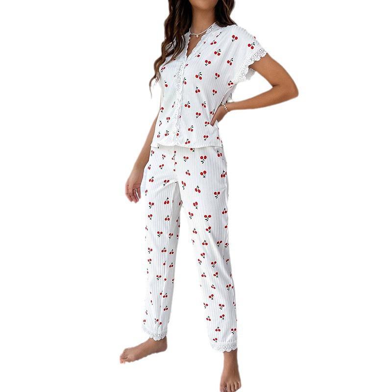 European & American Style Women's Pajama Set: Sexy V-Neck Lace Cherry Print T-Shirt with Slim-Fit Long Pants - Autumn/Winter Collection