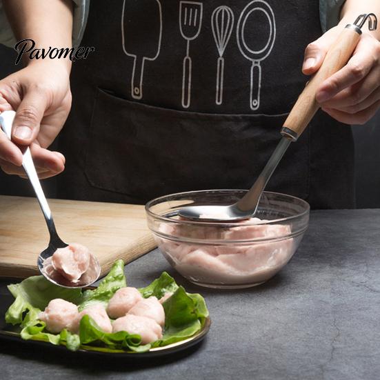 Kitchen Utensils for Home Meatball Spoon Maker Tool, Stainless Steel Non-stick Scoop, Long Wooden Handle Shaping Gadget Oval Shaper