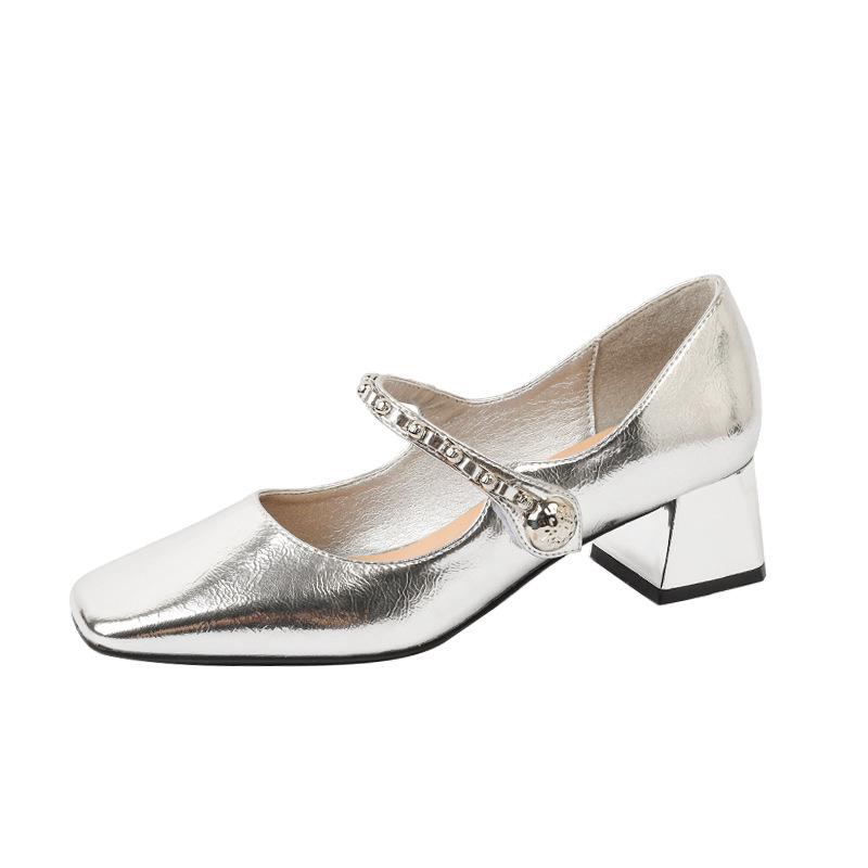 Ovčí kůže silný podpatek Mary Jane malé kožené boty dámské čtvercová špička retro jednoduché boty měkká kůže řetízek stříbrné univerzální