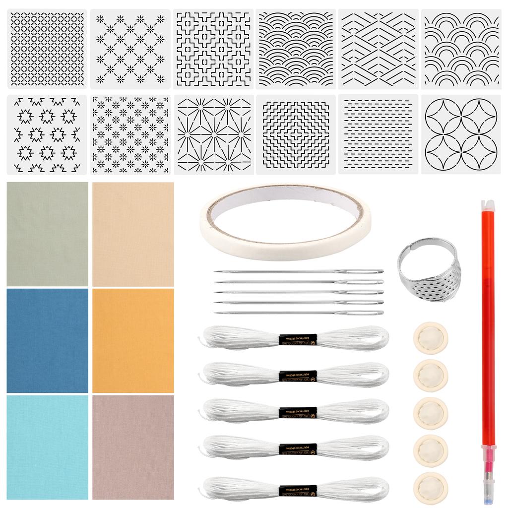 12 Pcs Sashiko Stencils Kit Complete Reusable Sashiko Thread and Needles Thimble Set Denim Fabric Embroidery Kits for Beginners