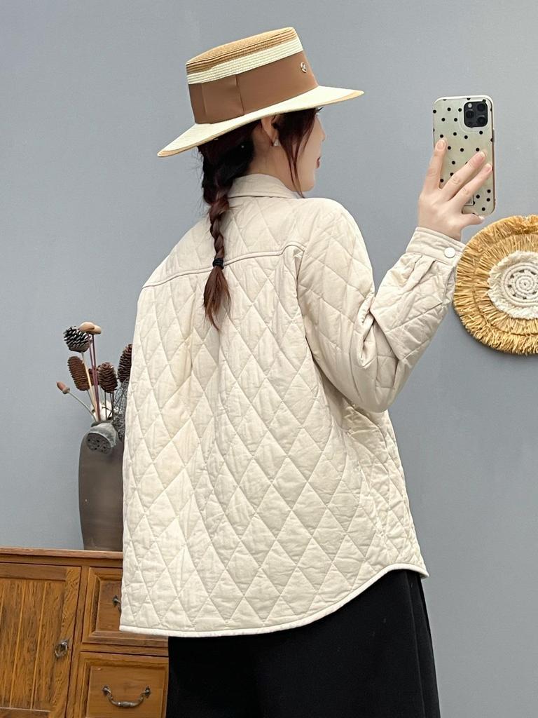Veste chemise matelassée à motif losanges pour femme Automne/Hiver 2025 avec col pointu - Haut de base chaud décontracté