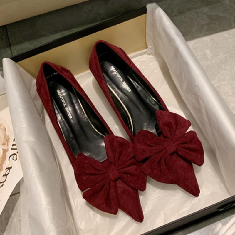 Women's Thin Heel Single Shoes Autumn New Pointed Head Shallow Mouth Suede Butterfly Knot Non-slip Low Top Shoes