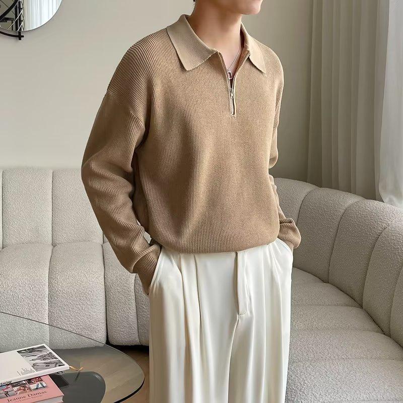 Męski dzianinowy sweter w japońskim stylu z półzamkiem i kołnierzykiem polo - jesienno-zimowy casualowy pulower.