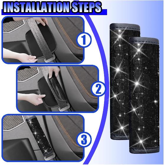 2PCS Bling Car Seat Belt Shoulder Pads, Rhinestone Auto Seatbelt Cushion, Vehicle Seat Strap Cover for Women, Car Interior Decoration Accessories for