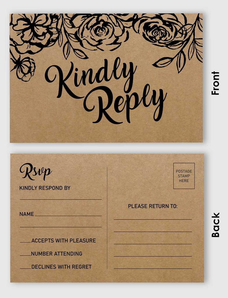 Inkdotpot 50 Blank RSVP Postcards Floral Kraft Rustic Print 4"X6" Response Cards,RSVP Reply Card For Wedding,Bridal Shower,Baby