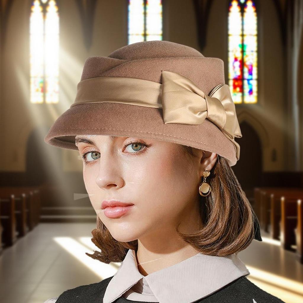 Women’s Vintage Wool Cloche Church Hat with Satin Bow Elegant Bowler Bucket Hat for Tea Party Wedding Garden Formal Events