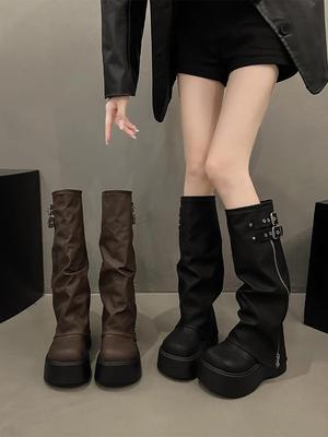 Damen Klobige Plissierte Kniehohe Stiefel mit Dickem Sohle - Höhenverlängernde Slouchy Lange Stiefel für Herbst/Winter 2025.
