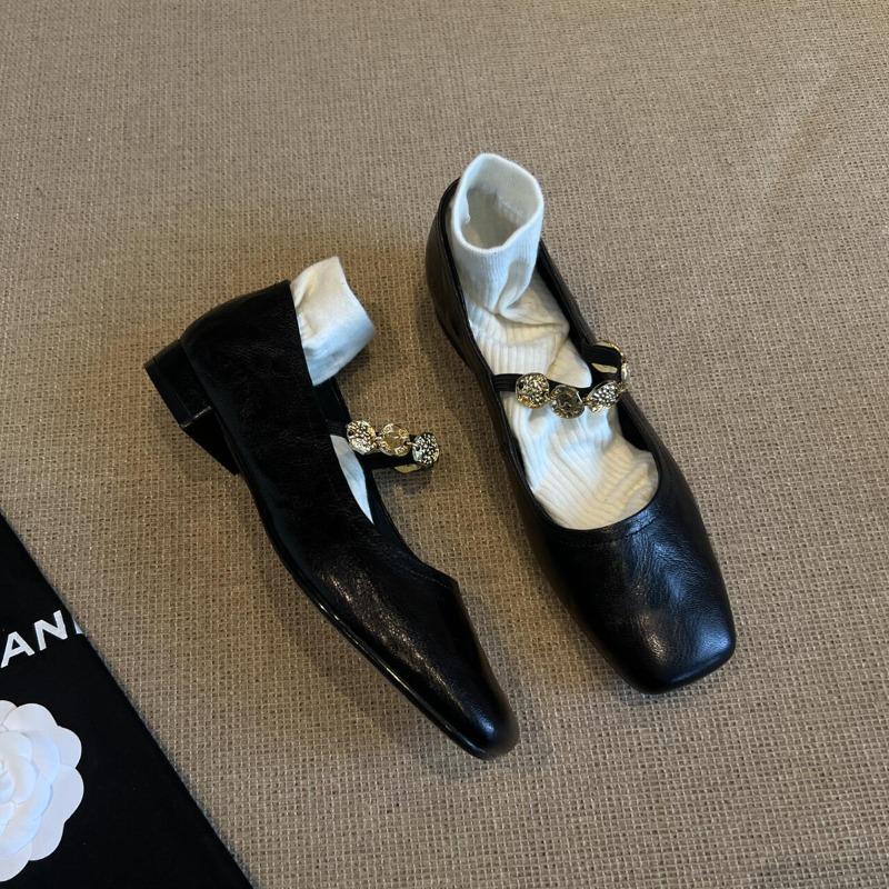 Sheepskin Version~ Retro Gold Coin Black Small Leather Shoes with Light Mouth Square Head Low Heel Mary Jane Single Shoes Women